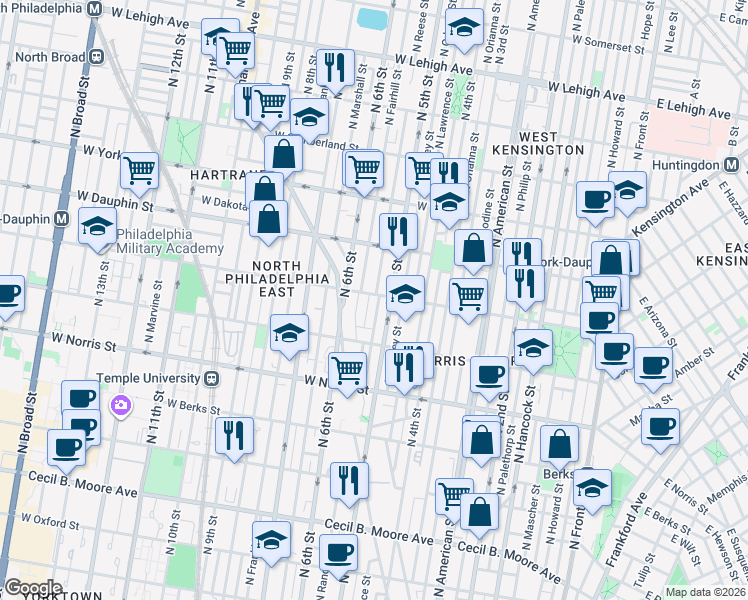 map of restaurants, bars, coffee shops, grocery stores, and more near 2142 North Reese Street in Philadelphia