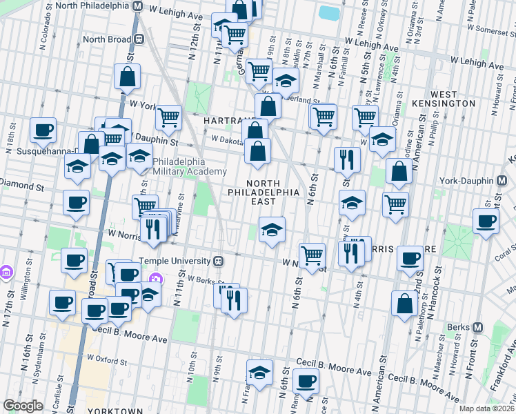 map of restaurants, bars, coffee shops, grocery stores, and more near 2134 North 8th Street in Philadelphia