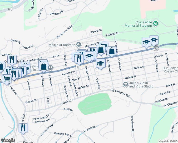 map of restaurants, bars, coffee shops, grocery stores, and more near 39 Chester Avenue in Coatesville