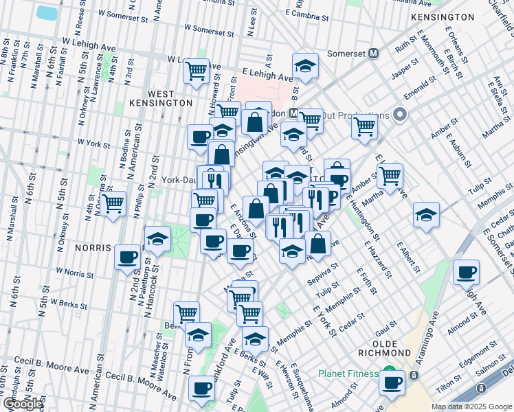 map of restaurants, bars, coffee shops, grocery stores, and more near 2004 East Boston Street in Philadelphia