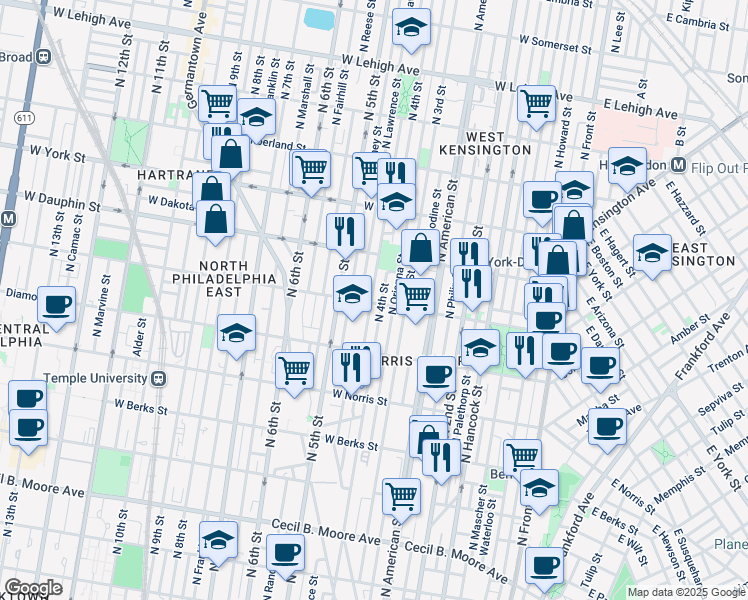 map of restaurants, bars, coffee shops, grocery stores, and more near 409 West Susquehanna Avenue in Philadelphia