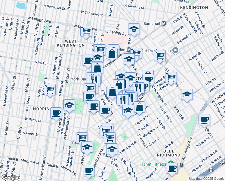 map of restaurants, bars, coffee shops, grocery stores, and more near 2004 East Boston Street in Philadelphia