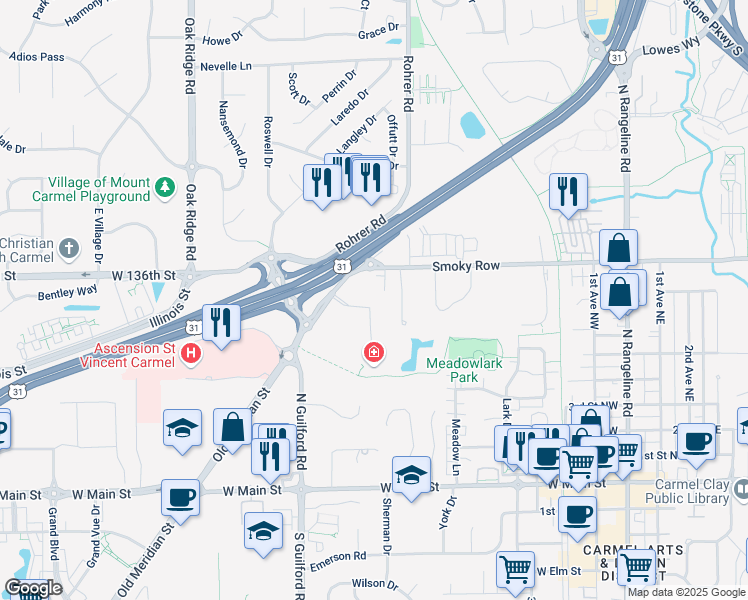 map of restaurants, bars, coffee shops, grocery stores, and more near 689 Pro-Med Lane in Carmel