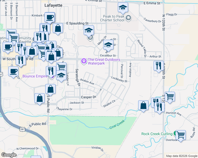 map of restaurants, bars, coffee shops, grocery stores, and more near 707 Arrow Court in Lafayette