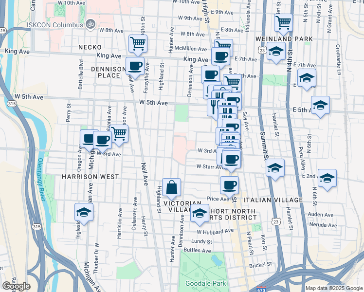 map of restaurants, bars, coffee shops, grocery stores, and more near 1087 Dennison Avenue in Columbus