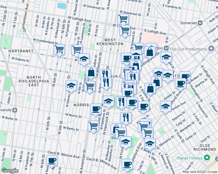 map of restaurants, bars, coffee shops, grocery stores, and more near 2225 North Palethorp Street in Philadelphia