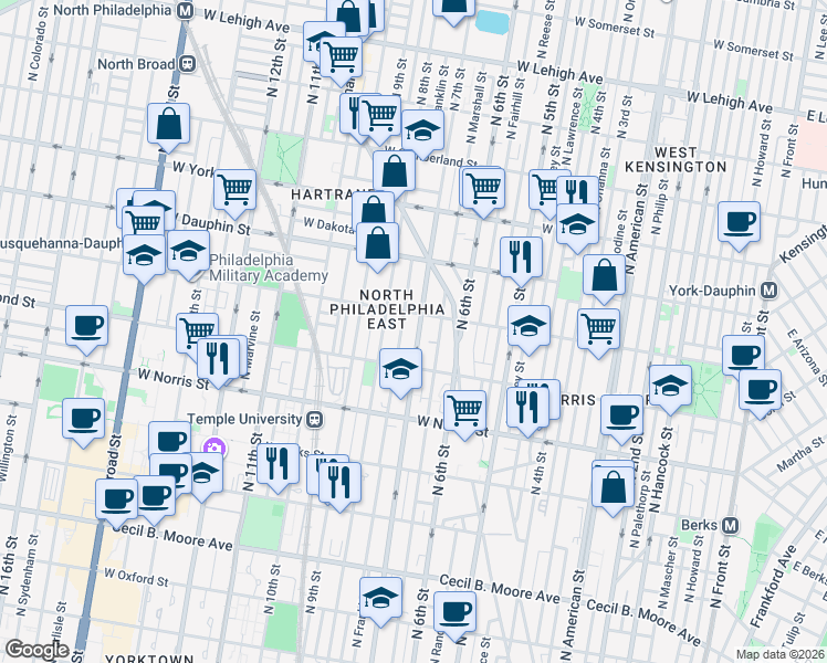 map of restaurants, bars, coffee shops, grocery stores, and more near 2150 North 7th Street in Philadelphia