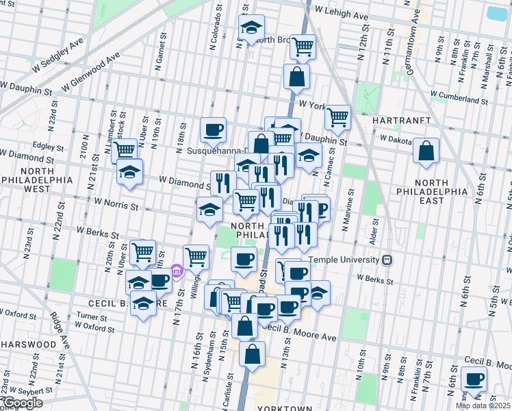 map of restaurants, bars, coffee shops, grocery stores, and more near 2044 North Carlisle Street in Philadelphia