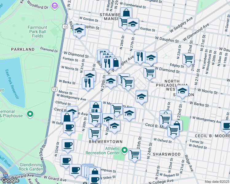 map of restaurants, bars, coffee shops, grocery stores, and more near 1857 North 28th Street in Philadelphia
