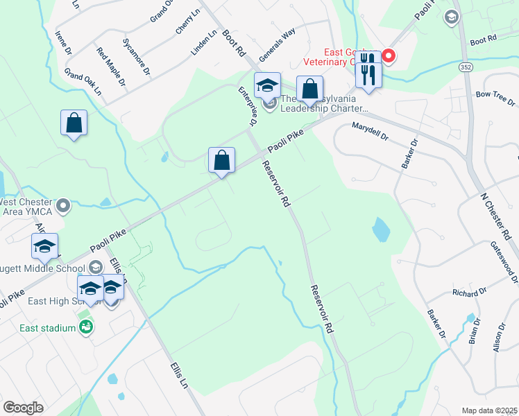map of restaurants, bars, coffee shops, grocery stores, and more near 614 Reservoir Road in West Chester