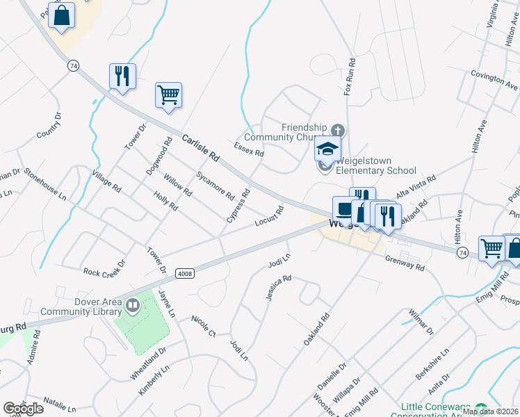map of restaurants, bars, coffee shops, grocery stores, and more near 3310 Sycamore Road in Dover