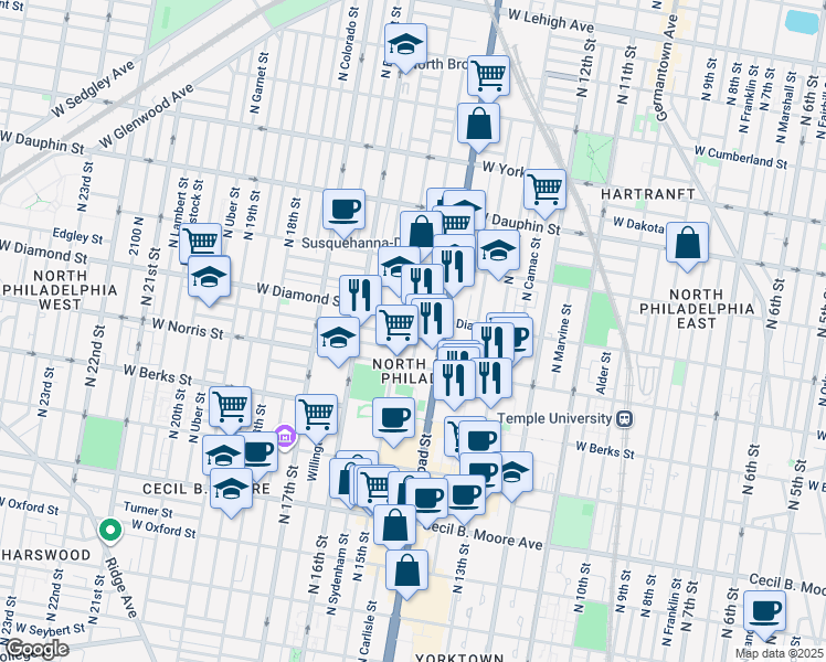 map of restaurants, bars, coffee shops, grocery stores, and more near 2044 North Carlisle Street in Philadelphia