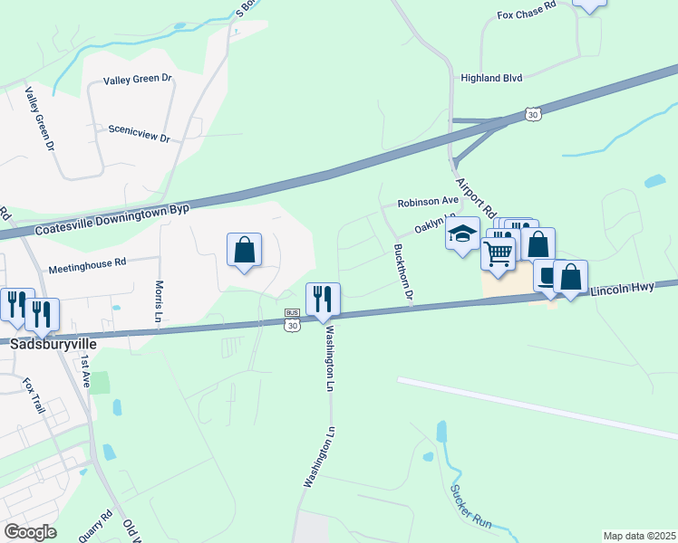 map of restaurants, bars, coffee shops, grocery stores, and more near 314 Larose Drive in Chester County