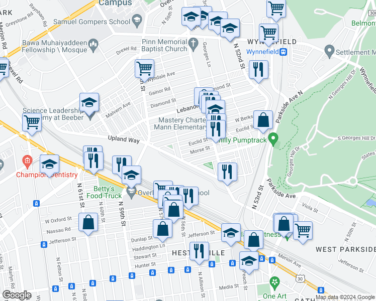 map of restaurants, bars, coffee shops, grocery stores, and more near 5473 Morse Street in Philadelphia