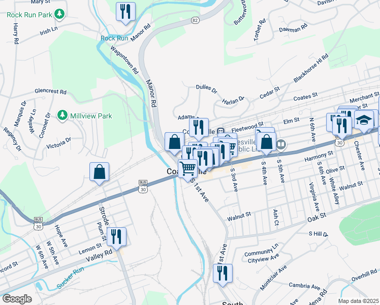 map of restaurants, bars, coffee shops, grocery stores, and more near 136 East Chestnut Street in Coatesville