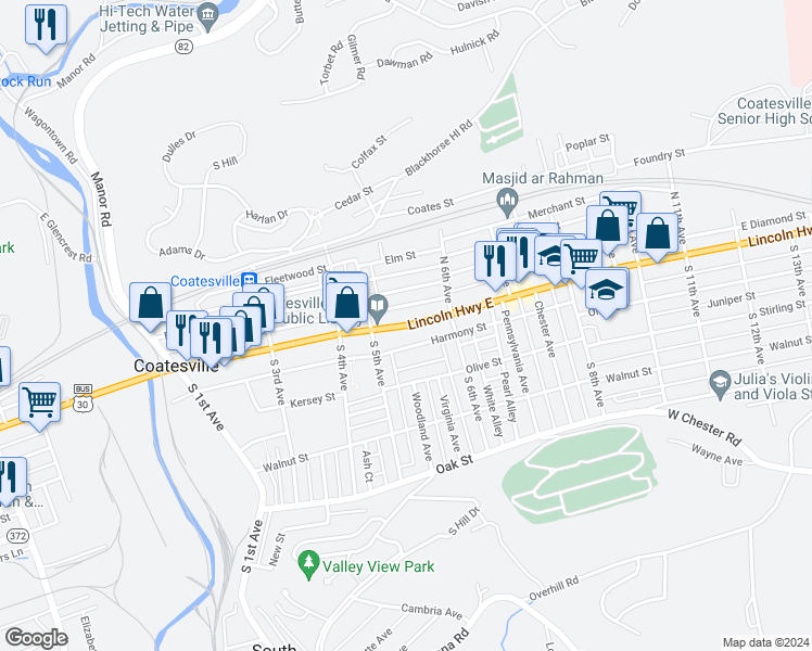 map of restaurants, bars, coffee shops, grocery stores, and more near 533 Lincoln Highway in Coatesville