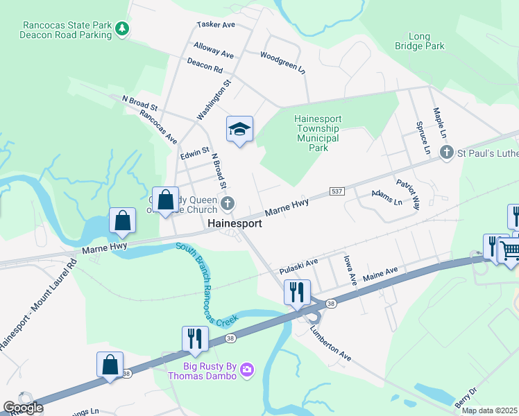 map of restaurants, bars, coffee shops, grocery stores, and more near 1508 Marne Highway in Hainesport