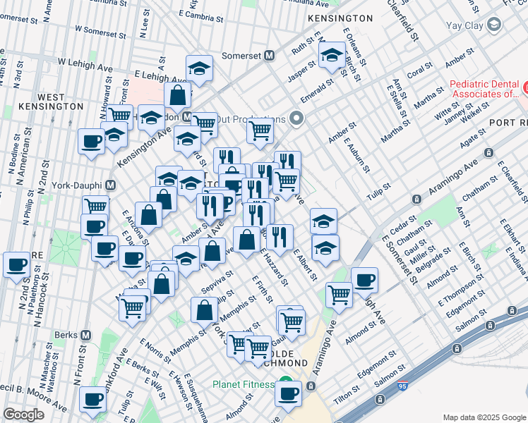 map of restaurants, bars, coffee shops, grocery stores, and more near 2611 Martha Street in Philadelphia
