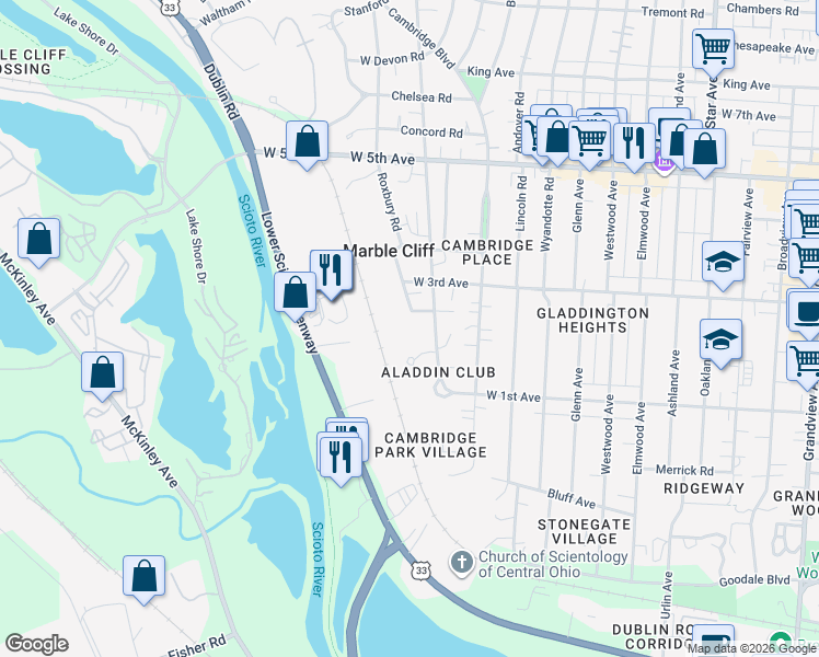 map of restaurants, bars, coffee shops, grocery stores, and more near 2010 Aladdin Woods Court in Columbus