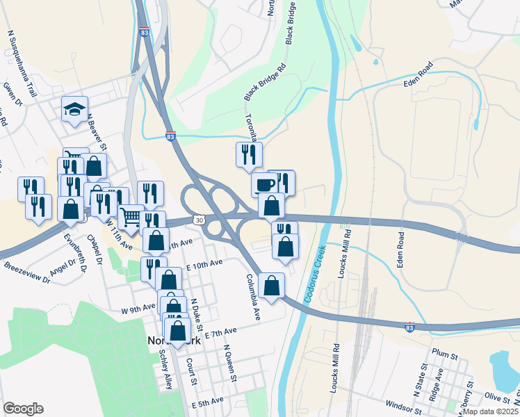 map of restaurants, bars, coffee shops, grocery stores, and more near 303 Arsenal Road in York