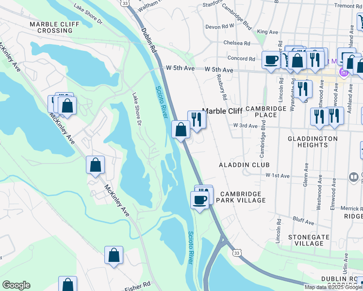 map of restaurants, bars, coffee shops, grocery stores, and more near 1421 Dublin Road in Columbus
