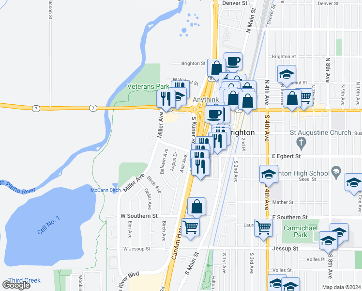 map of restaurants, bars, coffee shops, grocery stores, and more near 200 Aspen Drive in Brighton