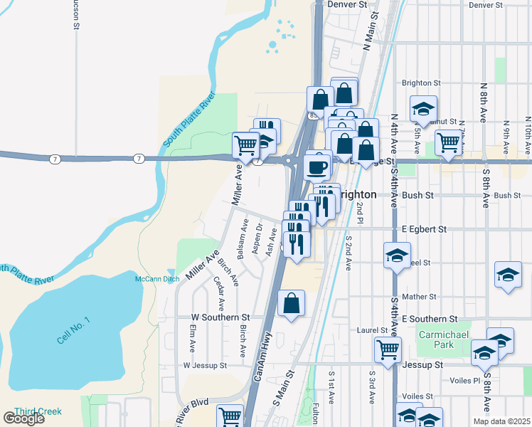 map of restaurants, bars, coffee shops, grocery stores, and more near 200 Aspen Drive in Brighton