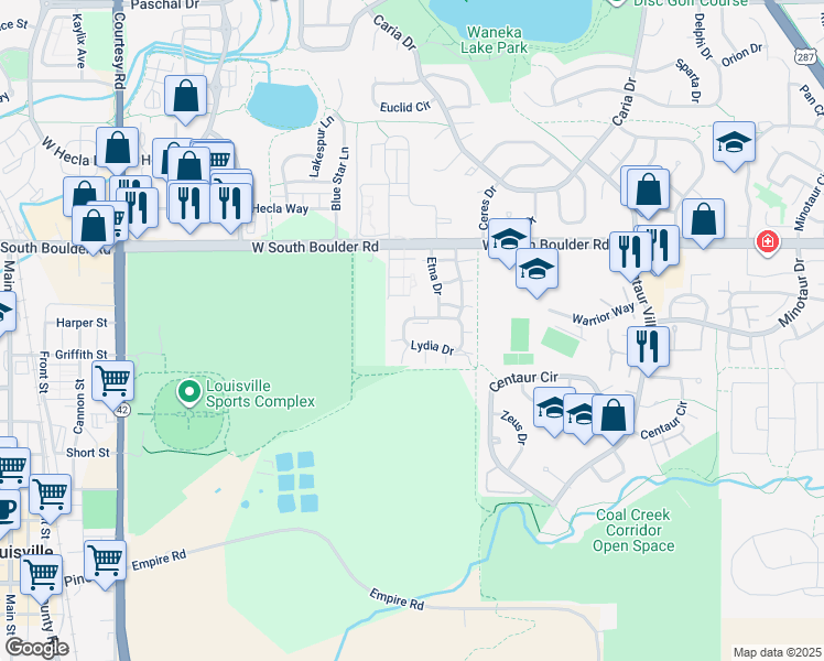 map of restaurants, bars, coffee shops, grocery stores, and more near 1400 Lydia Drive in Lafayette