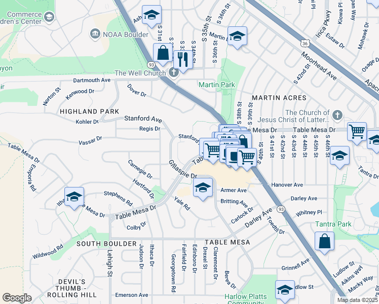 map of restaurants, bars, coffee shops, grocery stores, and more near 3455 Table Mesa Drive in Boulder