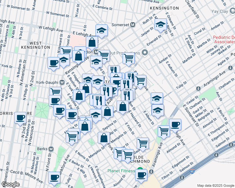 map of restaurants, bars, coffee shops, grocery stores, and more near 2111 East Sergeant Street in Philadelphia