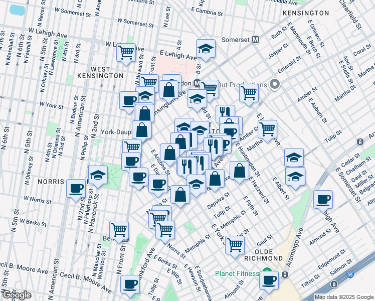 map of restaurants, bars, coffee shops, grocery stores, and more near 2054 East Letterly Street in Philadelphia