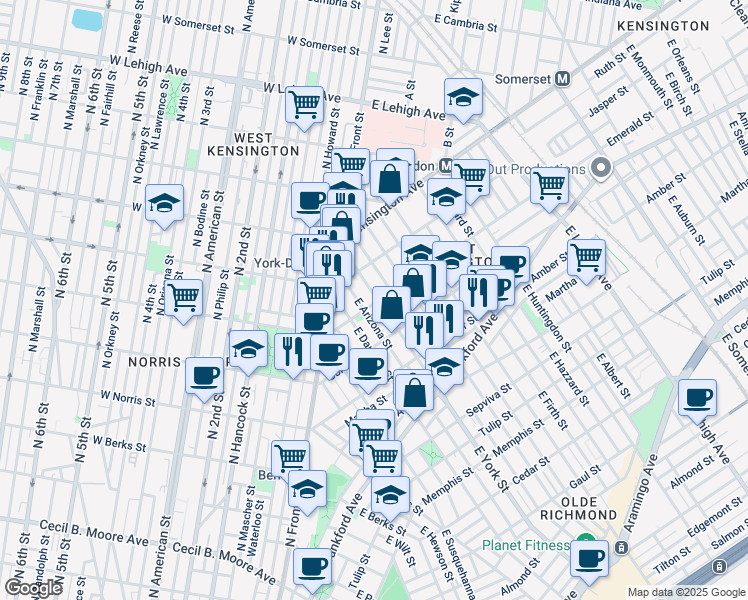 map of restaurants, bars, coffee shops, grocery stores, and more near 2001 East Arizona Street in Philadelphia