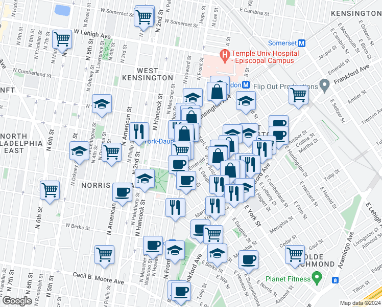 map of restaurants, bars, coffee shops, grocery stores, and more near 1918 East Dauphin Street in Philadelphia