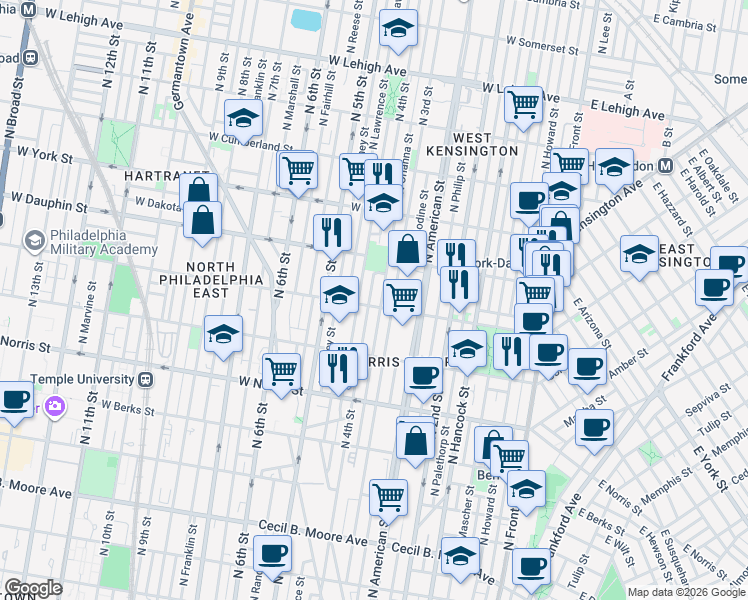 map of restaurants, bars, coffee shops, grocery stores, and more near 310 West Susquehanna Avenue in Philadelphia