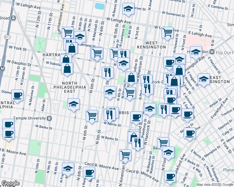 map of restaurants, bars, coffee shops, grocery stores, and more near 409 West Susquehanna Avenue in Philadelphia