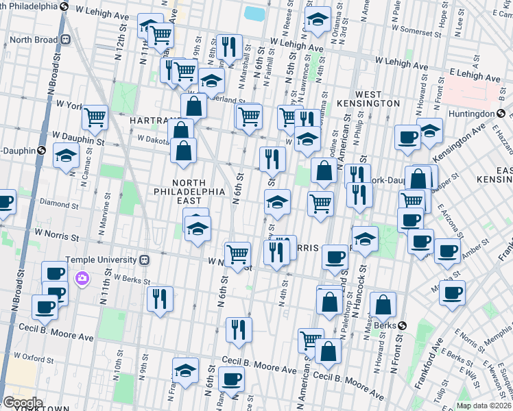 map of restaurants, bars, coffee shops, grocery stores, and more near 2142 North Reese Street in Philadelphia