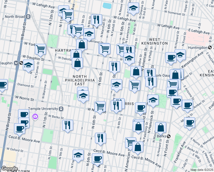 map of restaurants, bars, coffee shops, grocery stores, and more near 2142 North Reese Street in Philadelphia