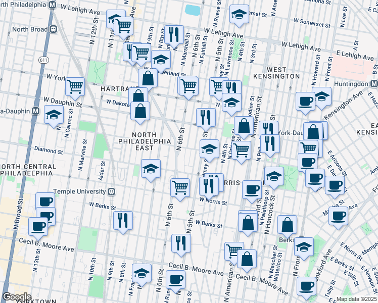 map of restaurants, bars, coffee shops, grocery stores, and more near 2142 North Reese Street in Philadelphia