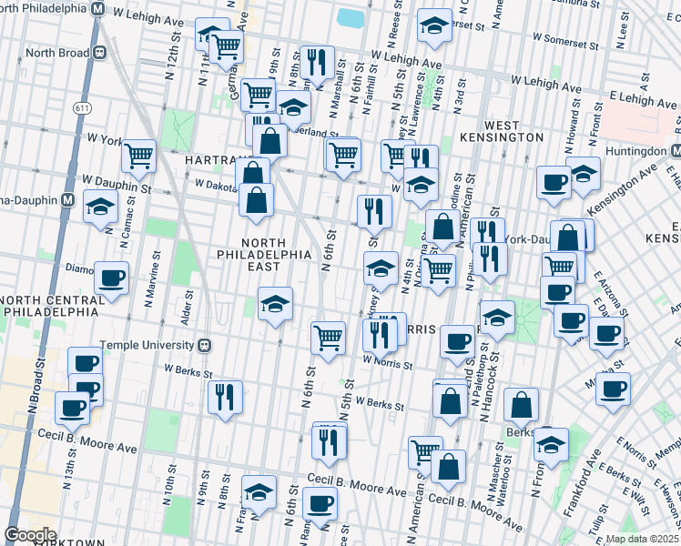 map of restaurants, bars, coffee shops, grocery stores, and more near 2142 North Reese Street in Philadelphia