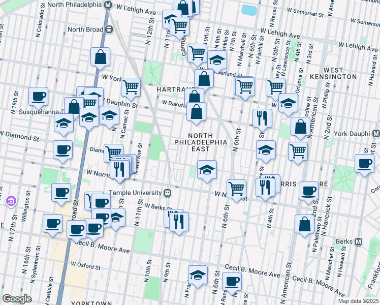 map of restaurants, bars, coffee shops, grocery stores, and more near 2123 North 8th Street in Philadelphia
