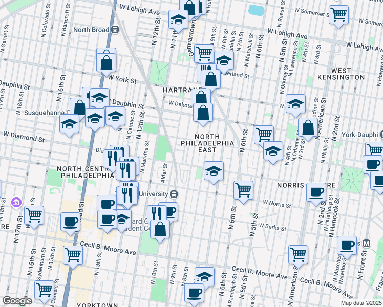 map of restaurants, bars, coffee shops, grocery stores, and more near 2107 North Percy Street in Philadelphia