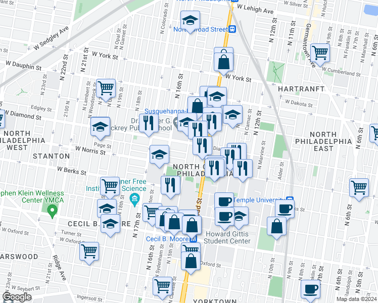 map of restaurants, bars, coffee shops, grocery stores, and more near 2027 North Carlisle Street in Philadelphia