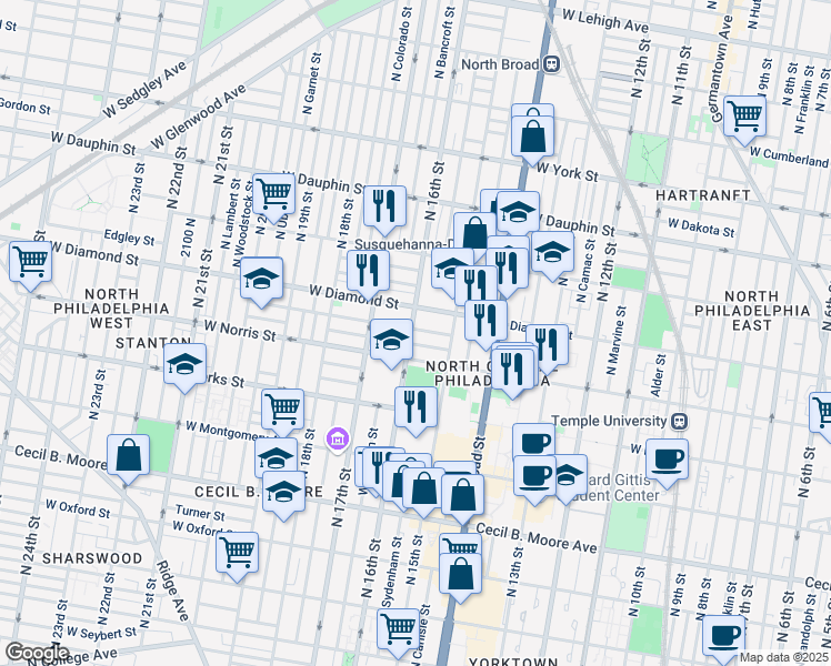 map of restaurants, bars, coffee shops, grocery stores, and more near 1602 Page Street in Philadelphia