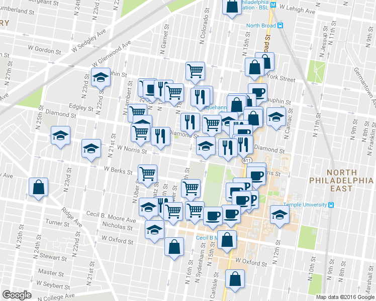 map of restaurants, bars, coffee shops, grocery stores, and more near in Philadelphia
