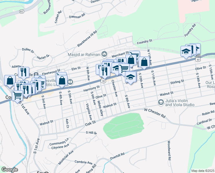 map of restaurants, bars, coffee shops, grocery stores, and more near 34 Star Alley in Coatesville