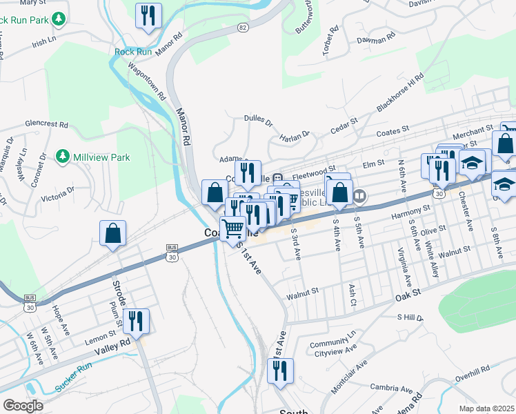 map of restaurants, bars, coffee shops, grocery stores, and more near 15 North 2nd Avenue in Coatesville