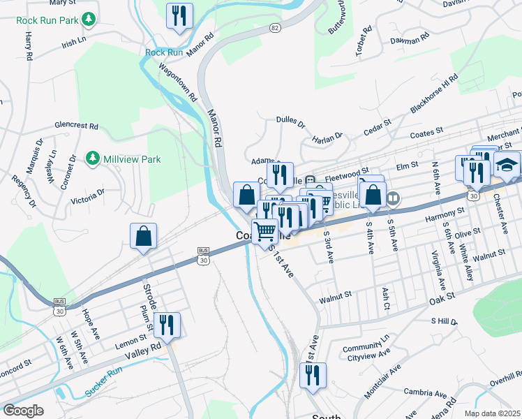 map of restaurants, bars, coffee shops, grocery stores, and more near 136 East Chestnut Street in Coatesville