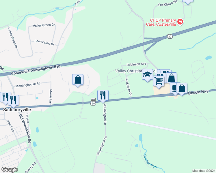 map of restaurants, bars, coffee shops, grocery stores, and more near 30 Tuxford Lane in Coatesville