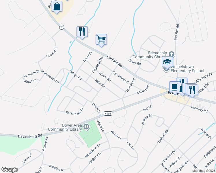 map of restaurants, bars, coffee shops, grocery stores, and more near 3451 Holly Road in Dover