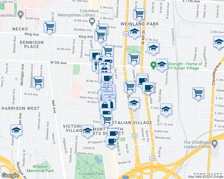 map of restaurants, bars, coffee shops, grocery stores, and more near 24 East 3rd Avenue in Columbus